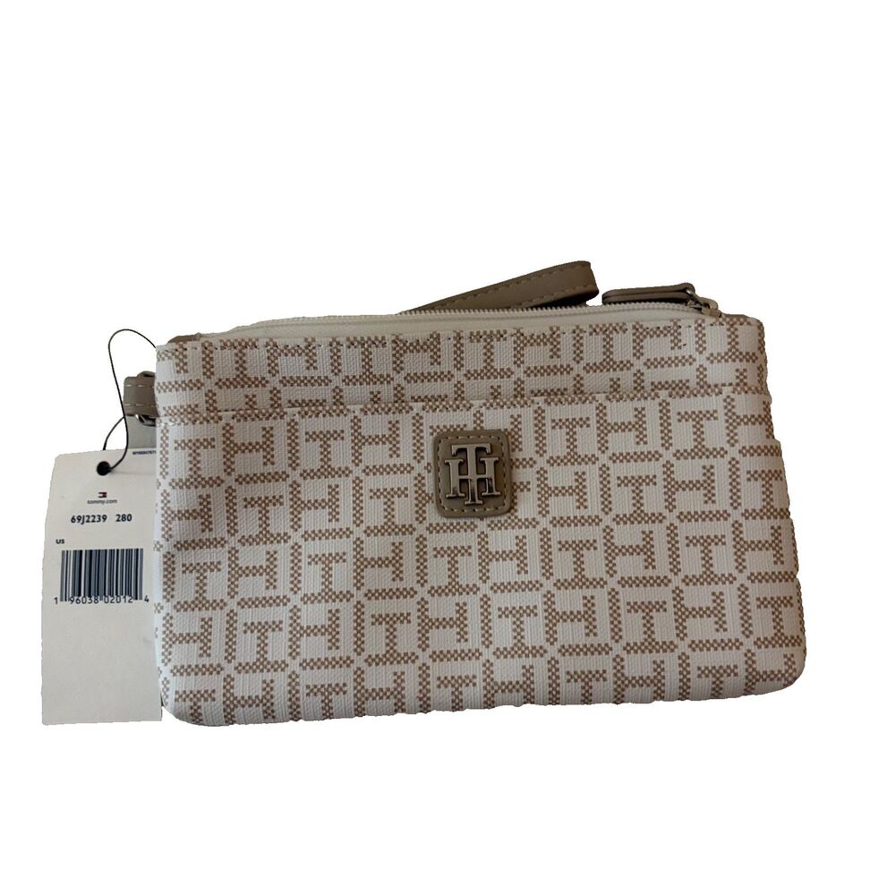 Tommy Hilfiger Wristlet Wallet Bag White Tan Geometric Women's 8"